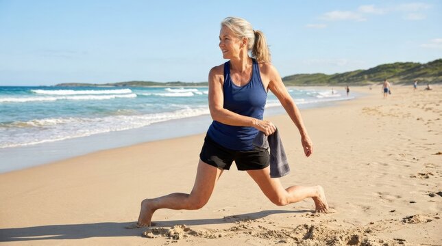 Fit senior exercising on a sunny beach in the sand, healthy aging and active lifestyle concept, mature athlete training outdoors, barefoot workout by the sea, wellness and vitality, bright summer