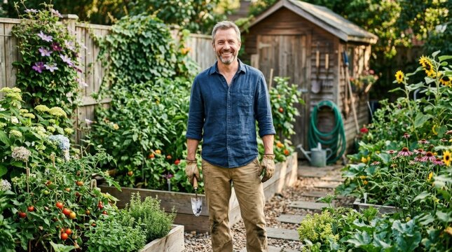 Man smiling at camera while standing in a backyard garden, relaxed home lifestyle portrait with gardening, fresh air and approachable personality, strong stock appeal for hobbies, wellness and outdoor