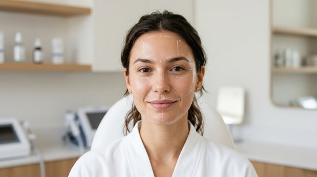 Young woman face with delicate contour markings for cosmetic treatment planning, aesthetic clinic consultation, smooth skin, beauty enhancement and facial symmetry concept, clean minimal studio