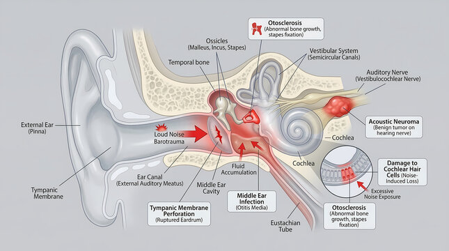 Detailed Cross-Section Diagram of Human Ear Anatomy and Various Causes of Hearing Loss