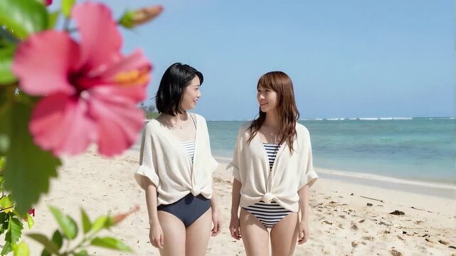 Okinawa Beach Conversation with Hibiscus, Summer Travel Lifestyle, Copy space on the right, 4K, Seamless loop