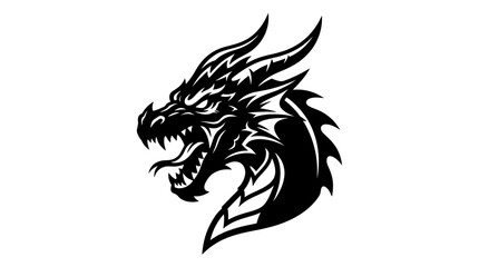 Fototapeta premium Dynamic mythical dragon head illustration, rendered in a striking black and white style, showcasing fierce power and legendary symbolism, perfect for gaming, emblem, or fantasy graphic designs