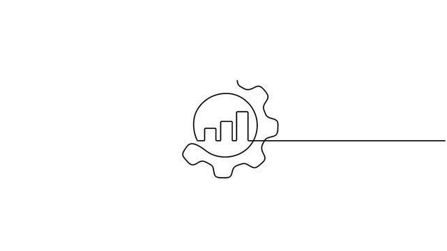 Animated minimalist, single continuous line icon representing business development, performance, and productivity, of a gear cogwheel enclosing an upward-trending bar graph