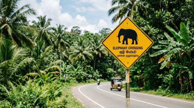 Elephant crossing warning sign in Sri Lanka's lush landscape, wildlife travel concept, road safety and tropical nature setting, documentary-style destination image with strong commercial relevance,