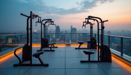 Naklejka premium Open-air gym on rooftop at sunset. Workout equipment overlooks cityscape. People engage in outdoor fitness for healthy urban living, embracing active lifestyle.