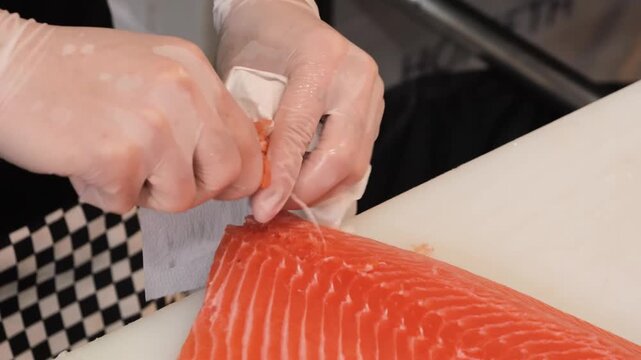 Close-up of a professional chef's hands meticulously removing small pin bones from a vibrant orange raw salmon fillet using specialized fish bone tweezers on a white cutting board in a restaurant kitc