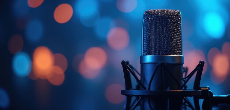 Professional condenser microphone with suspension mount in dimly lit studio. Blue and orange bokeh lights create atmospheric background for audio recording.