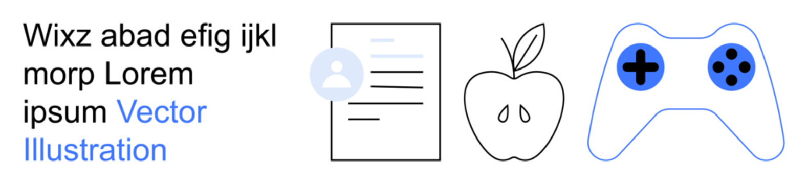 Education, user profiles, online games, health, digital learning, content creation. Minimalist icons a profile, document apple and gaming controller. Education and user profiles illustration