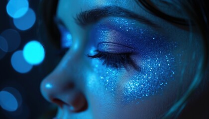 Naklejka premium Woman with bright blue glitter makeup on closed eyes. Bokeh lights create a dreamy atmosphere. Face detail with sparkling cosmetics and soft focus effect.