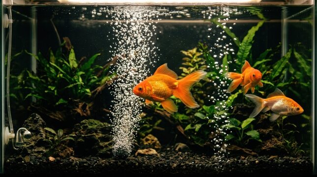 Goldfish swimming near bubbles in an aquarium, classic pet fish scene with warm color, gentle motion and strong commercial appeal for aquatic life, home decor and animal care themes, dark background,