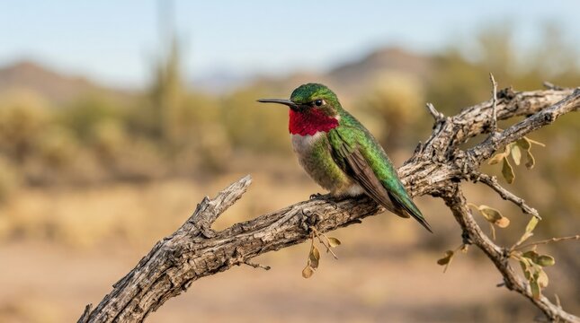 Ruby-throated hummingbird perching on arid branch, premium commercial scene for travel, wildlife, wellness, hospitality or product campaigns, clean styling, soft natural or studio light, crisp