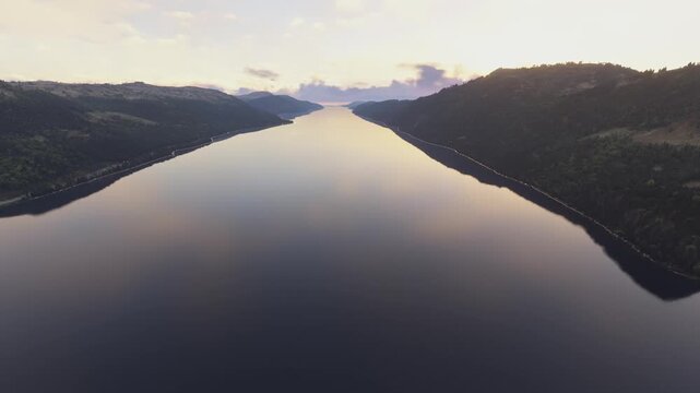 Sunset aerial drone shot of Loch Ness. United Kingdom