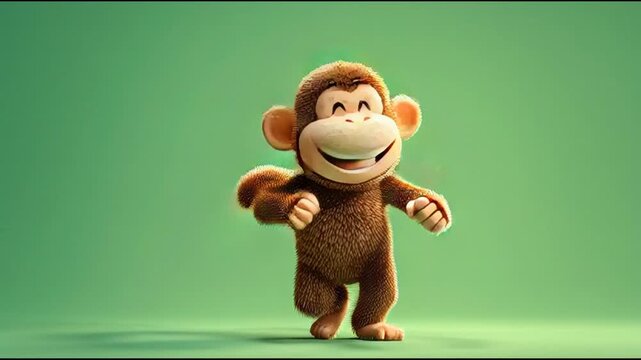 A happy cartoon monkey with a big smile is dancing joyfully against a plain green background