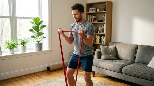 Man exercising with a resistance band in a living room, home fitness routine, strength training, healthy lifestyle and workout concept, soft natural light, authentic expression, realistic detail,
