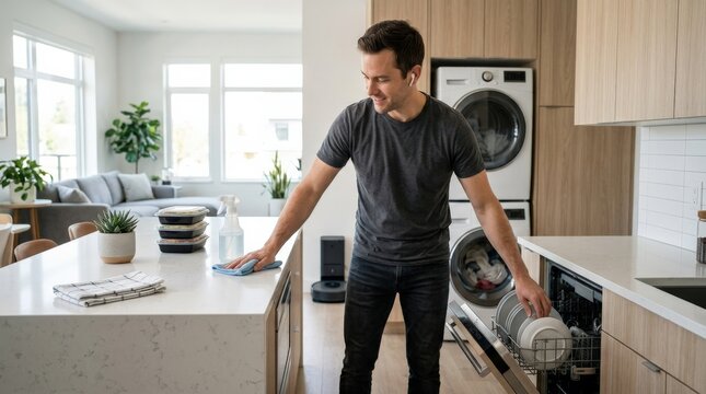 Man multitasking household chores in a modern home, domestic routine, cleaning, organization and everyday lifestyle concept, soft natural light, authentic expression, realistic detail, premium stock