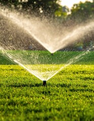 Naklejka premium Lawn sprinkler watering green grass, irrigation spray in sunny garden, water conservation and landscaping maintenance