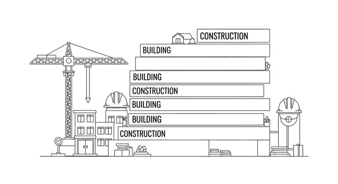 Minimalist Construction and Building Concept Line Art Illustration with Crane, Hard Hats, and Stacked Blocks