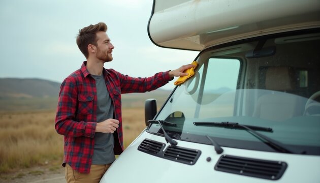 Man cleans campervan windshield with yellow cloth outdoors. He smiles while working on recreational vehicle. Travel and maintenance service.