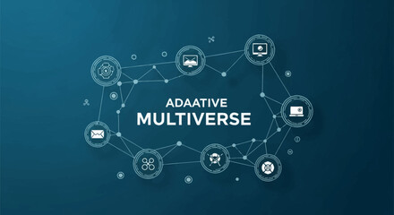 Fototapeta premium Digital technology background featuring the text ADAATIVE MULTIVERSE surrounded by a network of white line icons and connected nodes on a dark blue gradient background vector illustration.