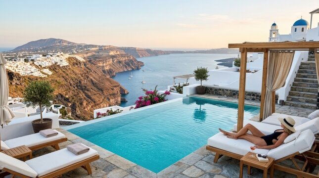 Luxury swimming pool in Santorini, luxury resort and villa lifestyle scene for travel, hospitality, architecture and summer branding, serene water, clean geometry, elegant outdoor design and upscale