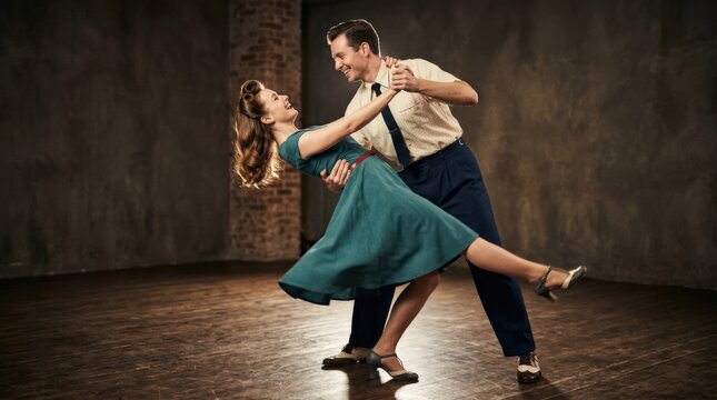 Retro style couple dancing lindy hop in studio with dramatic lighting expressive motion, vintage lifestyle, artistic performance, partnership trust, creative movement, rhythm expression, clean