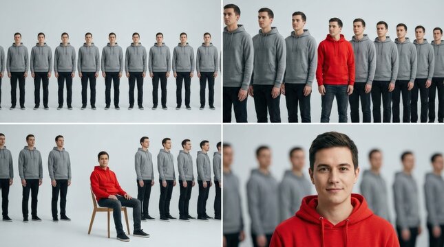 Crowd of identical people in line with one red highlighted person sitting on chair, personal difference, social nonconformity, visible leadership, individual identity, collage of 4 models, clean