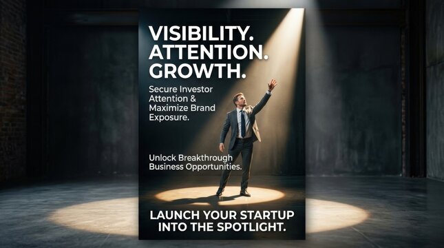 Dramatic poster businessman reaching toward illuminated oval spotlight, startup launch visibility, investor attention, brand exposure and breakthrough business opportunity, clean composition, studio
