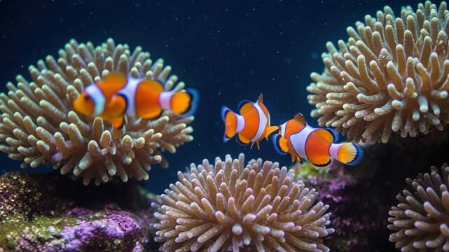 Underwater Dance of Clownfish: vibrant clownfish gracefully navigate their aquatic realm, flitting amongst the coral, a mesmerizing dance of life in the deep blue ocean.