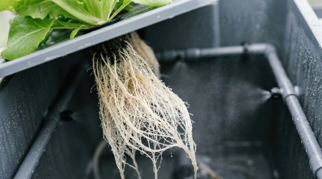Water-covered roots in an aeroponic system representing advanced water-saving growing techniques, sustainable agriculture close-up with healthy root structure and moisture-rich detail, soft controlled