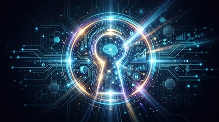 Fototapeta premium Digital keyhole as a conceptual gateway to secure access, AI driven business opportunities and advanced technology solutions, abstract cybersecurity visual with luminous opening and subtle circuitry,