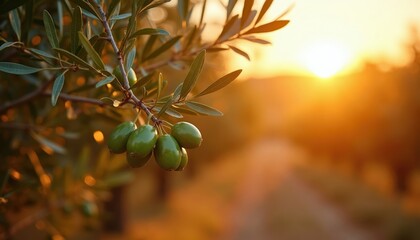 Naklejka premium Green olives hang on tree branch. Sunlight sets over rural landscape. Evening harvest season begins. Healthy Mediterranean food grows. Organic nature scene.