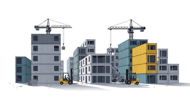 Modern Modular Construction Site with Shipping Containers, Industrial Cranes, and Forklifts Illustration for Sustainable Architecture and Logistics Concepts