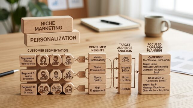 Niche marketing and personalization with wooden blocks showing people icons, target audience analysis, customer segmentation, consumer insights and focused campaign planning, minimal business