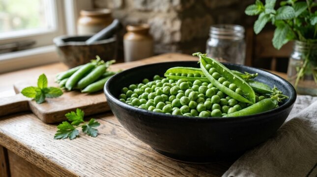 Fresh green peas in black ceramic bowl with open pods, healthy vegetable food prepared for cooking in rustic kitchen styling with vivid green natural texture, natural light, photorealistic, high