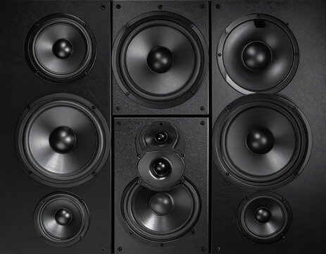 Black speaker system, multiple woofers and tweeters, home audio setup, sound equipment, music entertainment