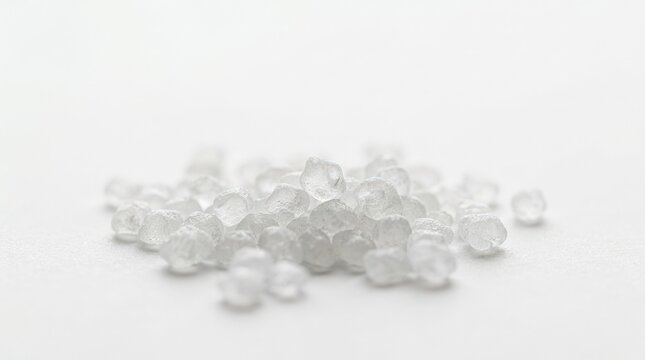 Macro view of frosted polymer granules with shallow focus, minimal white texture for packaging, chemistry, and material design, premium design concept, refined texture, strong banner usability, clean