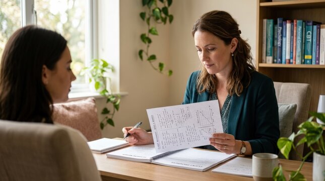 Female mental coach reading notes and analyzing client information in session, professional assessment process, psychological analysis service, and personal development planning, refined composition,
