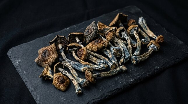 Dried hallucinogenic magic mushrooms on black background. Psychoactive Psilocybin Mushrooms, seasonal ingredient, premium food and product stock photo, rustic styling, appetizing detail, rich natural