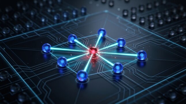 Quantum bit error correction process with a corrupted red qubit surrounded by blue stabilizer qubits and converging cyan beams, resilient quantum computing and fault tolerance concept, sharp detail,