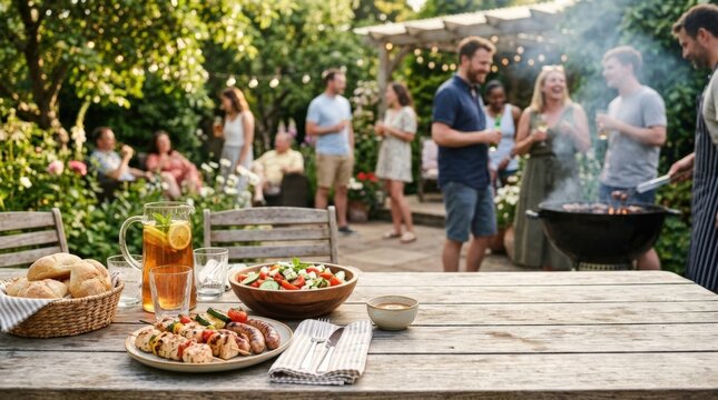 Outdoor garden table with clear copy space, barbecue lifestyle mockup for food branding, summer party campaigns and backyard leisure visuals, inspired by Grilling time and blurred background of