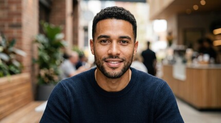Obraz premium Handsome mixed race portrait man looking at camera, confident lifestyle image for fashion, grooming, identity and modern branding, clean close-up with expressive gaze and polished commercial