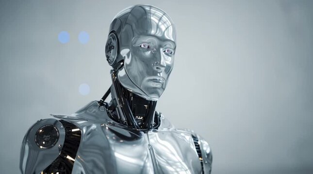 Robot umanoide d'argento in un ufficio moderno con movimento cinematico della telecamera