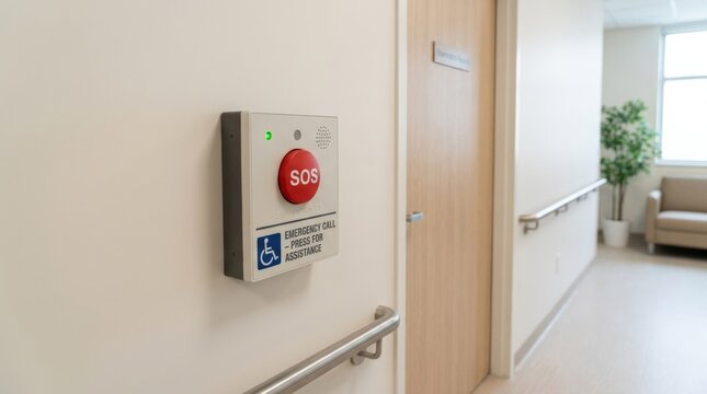 Accessible SOS emergency call buttons on a clinic wall, safety support system for patients with disabilities in a medical facility, inclusive healthcare infrastructure concept with practical