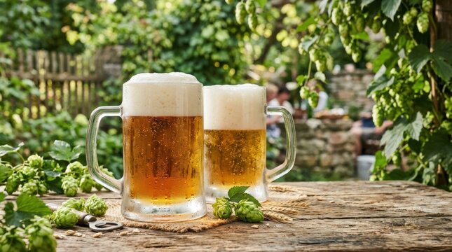 Cold beer mugs placed on rustic wooden table with softly blurred background of green garden and hop plants, polished food product mockup for beverage brands, farm products, menu ads and rustic