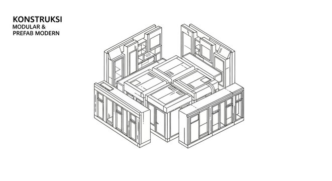 Isometric Line Drawing of Modern Modular and Prefab Construction Units for Architectural Design and Building Concept