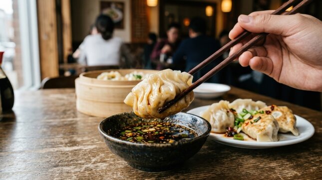 Dipping dumpling in soy sauce, appetizing food close-up with rich texture, Asian cuisine, restaurant menu concept and savory dining detail, warm inviting culinary moment on a clean styled table,