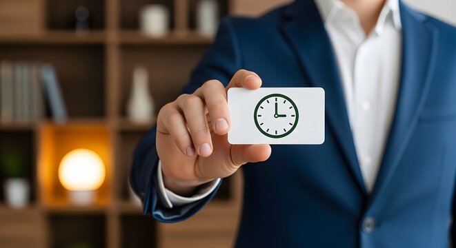 Business person holding a white card with a clock icon showing three o clock.