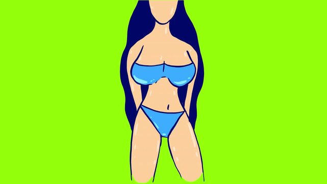 Video transition with a slimming and gaining weight girl on a green screen. Animation of weight loss of a cartoon girl for scene change in 4K.