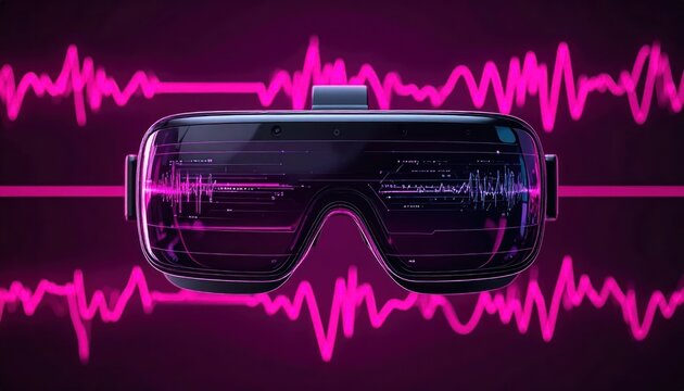Futuristic VR Headset with Digital Data and Sound Waves.