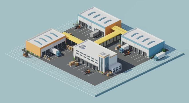 Isometric view of a modern logistics and distribution center with warehouses and loading docks